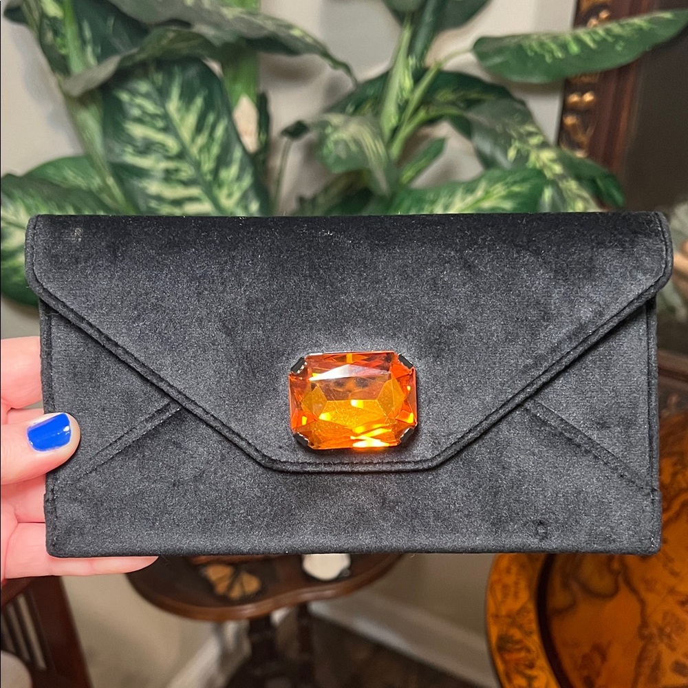 Tory Burch Black Velvet Orange Jewel Wallet